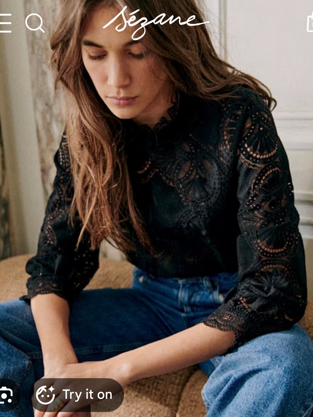 Sezane Black Eyelet Lace Top- Bianca Top NWT